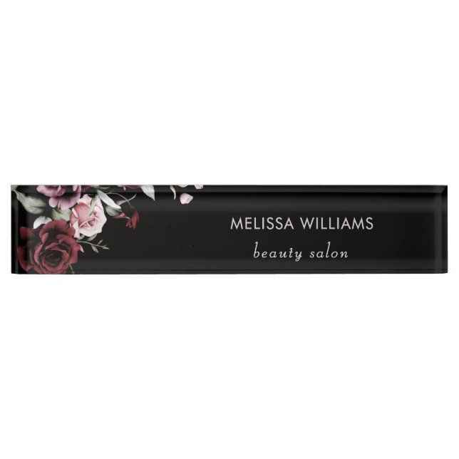 Placa De Nombre Rosas al Acuarela Fondo Negro (Anverso)