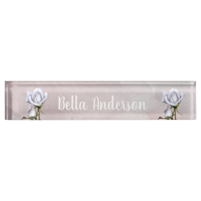 Placa De Nombre Rosas Blancas Rústicas Floral Elegante Shabby Chic (Anverso)