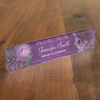 Placa De Nombre Rosas del Purpurina de oro Purple Glam