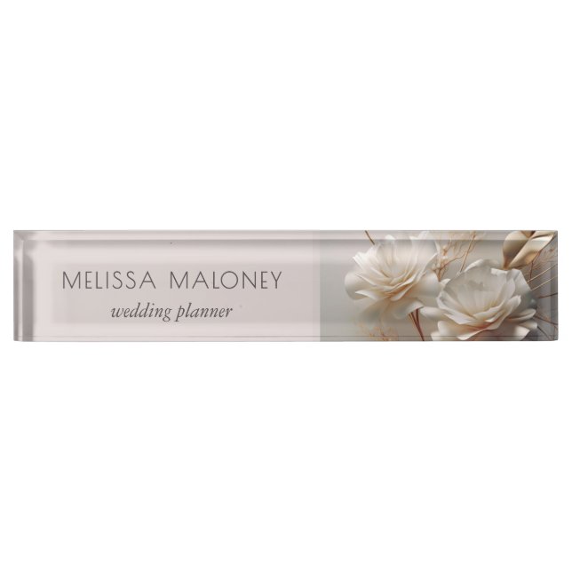 Placa De Nombre Rosas Elegantes de Oro Blanco en 3D (Anverso)