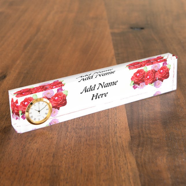 Placa De Nombre Rosas Rojas Y Rosa Añaden Su Nombre, (Lateral)