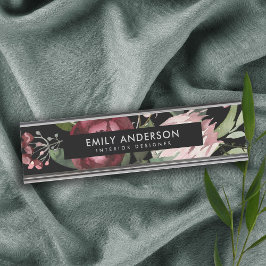 Placa De Nombre Rubor NEGRO ROSA BURGUNDA PROTEGIA FLORAL COLOR DE