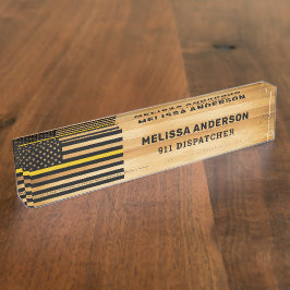 Placa De Nombre Rustic 911 Dispatcher Thin Gold Line Flag Des