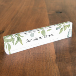 Placa De Nombre Salon de follaje verde acuarela