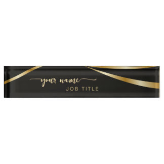 Placa De Nombre Script Minimalist Black and Gold 
