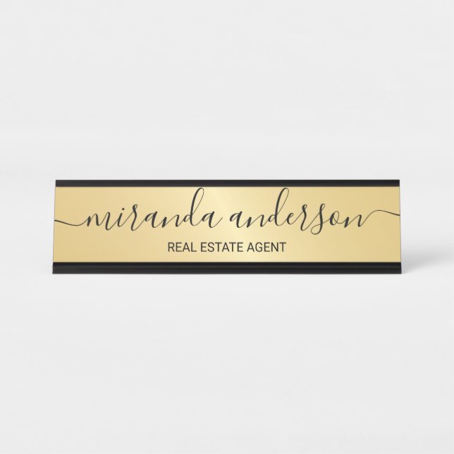 Placa De Nombre Script profesional moderno negro y oro (Anverso)