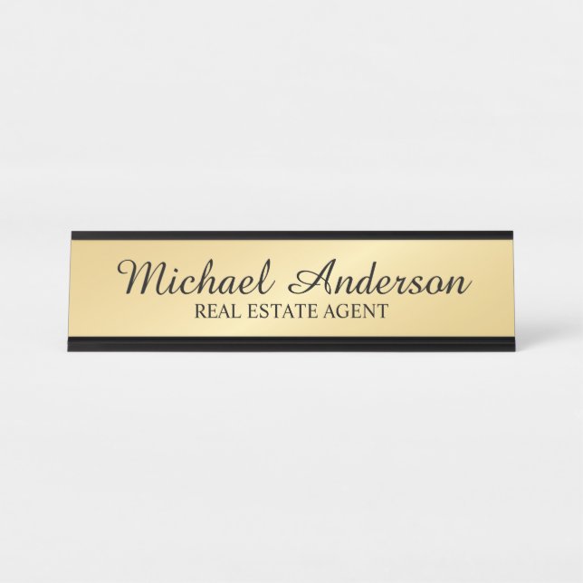 Placa De Nombre Script profesional moderno negro y oro (Anverso)