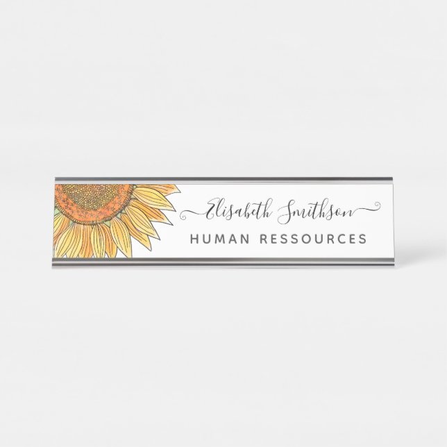 Placa De Nombre Sencilla acuarela Sunflower Profesional Floral (Anverso)