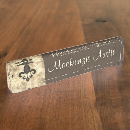 Placa De Nombre Sepia Butterfleur | Tan Mariposa en la Flor de Lis