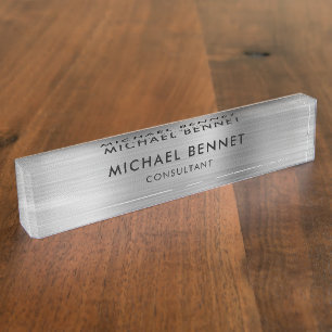 Placa De Nombre Silver Gray Metallic Profesional Business