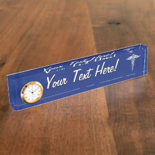 Placa De Nombre Símbolo médico cromado plateado Caduceus sobre azu