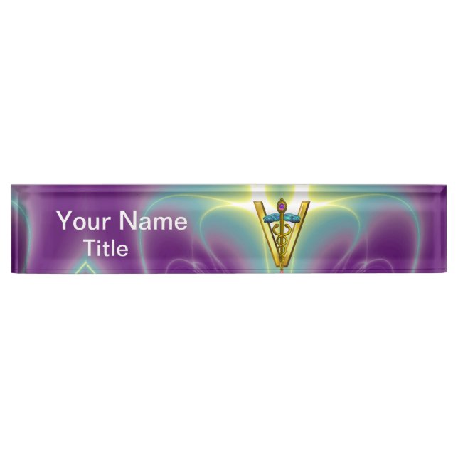 Placa De Nombre SÍMBOLO VETERINARIO CADUCEUS ORO Verde azulado Púr (Anverso)