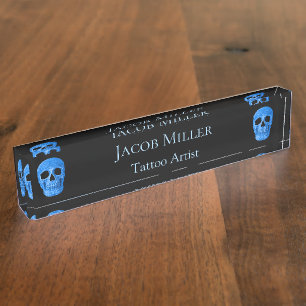 Placa De Nombre Skull Head Gothic Neon Blue Tattoo Shop