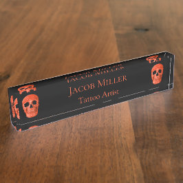 Placa De Nombre Skull Head Gothic Neon Orange Black Tattoo Shop