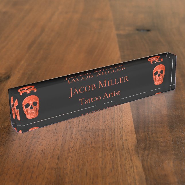 Placa De Nombre Skull Head Gothic Neon Orange Black Tattoo Shop (Lateral)