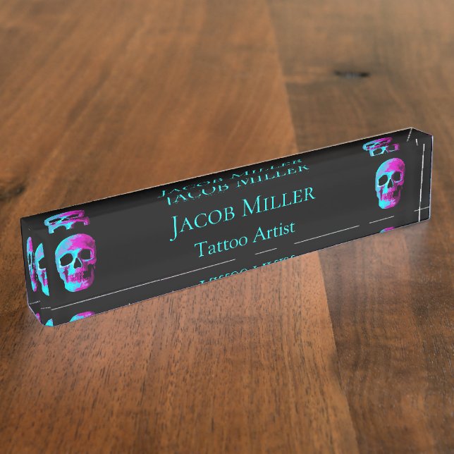 Placa De Nombre Skull Head Gothic Neon Purple Diseño Verde azulado (Lateral)