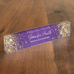 Placa De Nombre Sparkly Gold Purpurina Gradiente Púrpura Real