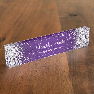 Placa De Nombre Sparkly Silver Purpurina Gradiente Púrpura Real