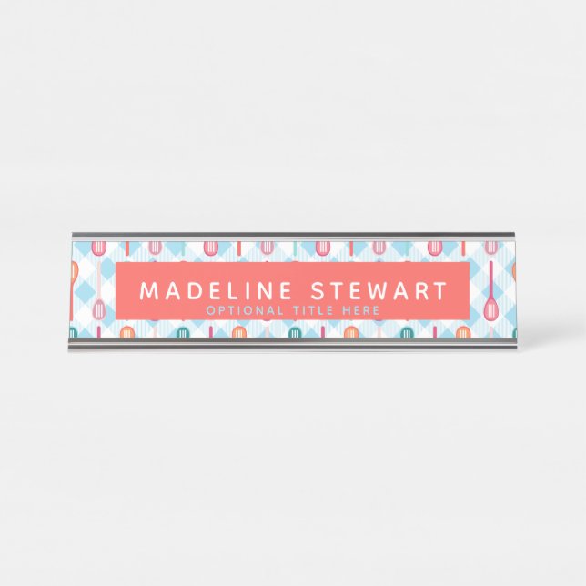 Placa De Nombre Spoons Slots y Gingham Whimsical Personalizado (Anverso)