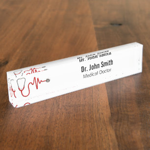 Placa De Nombre Stethoscope EKG Línea latido ECG Wave Médico