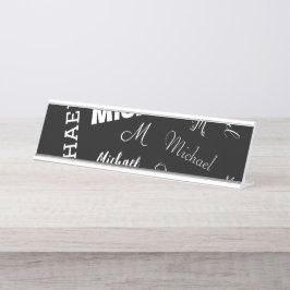 Placa De Nombre Su nombre y patrón de monograma personalizado negr