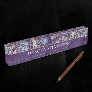 Placa De Nombre Subacuático Purple Luxe Dark Pastel Gold Sea Lif