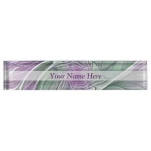 Placa De Nombre Sueño de flores, resumen texto fractal verde púrpu