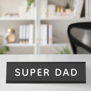 Placa De Nombre Super Papá Negrita Blanco y Negro Oficina