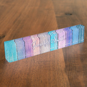 Placa De Nombre Tablones de madera rosa púrpura falso azul verdoso