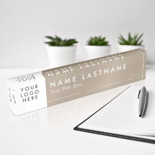 Placa De Nombre Tan Neutral Beige Gray White Personalizado Logo de