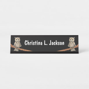 Placa De Nombre Tan Owls Bonitos en las ramas Collares azules