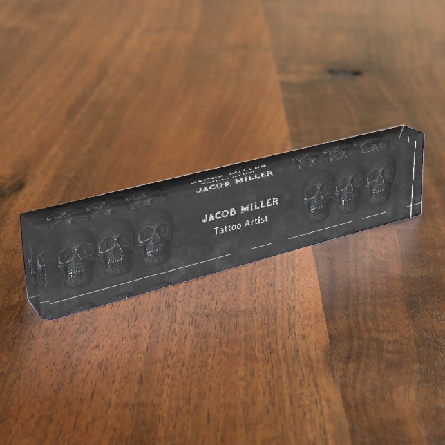 Placa De Nombre Tattoo Artist Gothic Black Dark Academia Skull (Lateral)