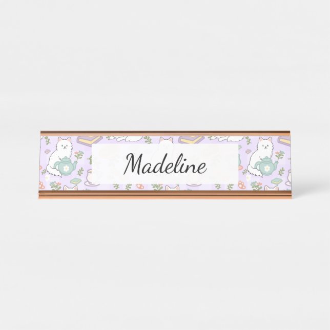 Placa De Nombre Tea & Bookish Cats Personalized Desk Name Plate (Anverso)