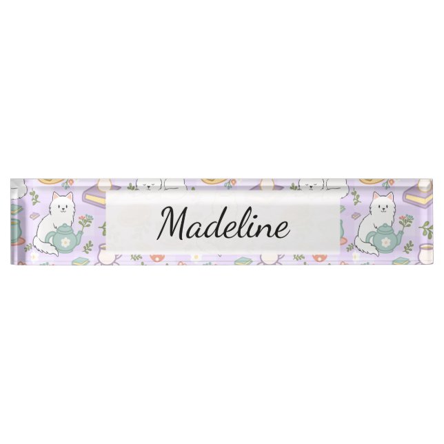 Placa De Nombre Tea & Bookish Cats Personalized Desk Nameplate (Anverso)