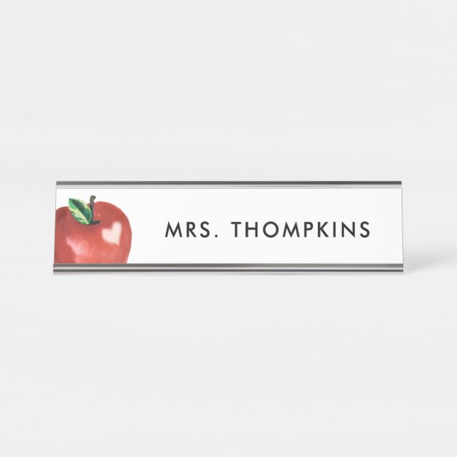 Placa De Nombre Teacher Apple Heart Red Watercolor (Anverso)