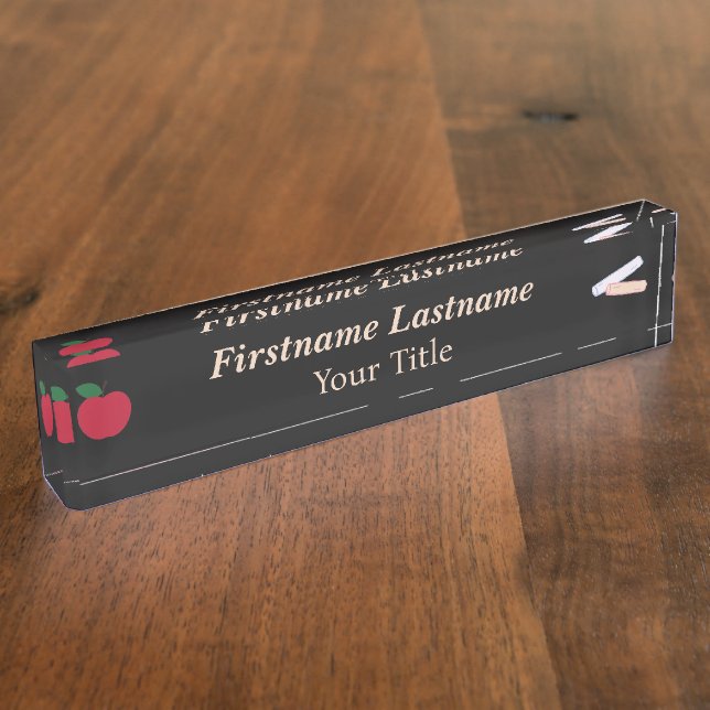 Placa De Nombre Teacher Desk Nameplate – Custom Black – Red Apple (Lateral)