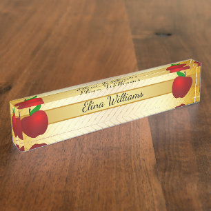 Placa De Nombre Teacher Red Apple Gold Classic Confetti