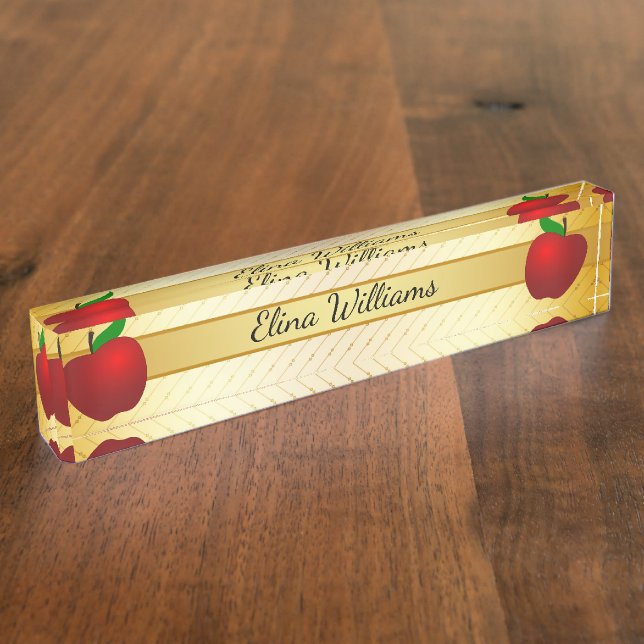 Placa De Nombre Teacher Red Apple Gold Classic Confetti (Lateral)