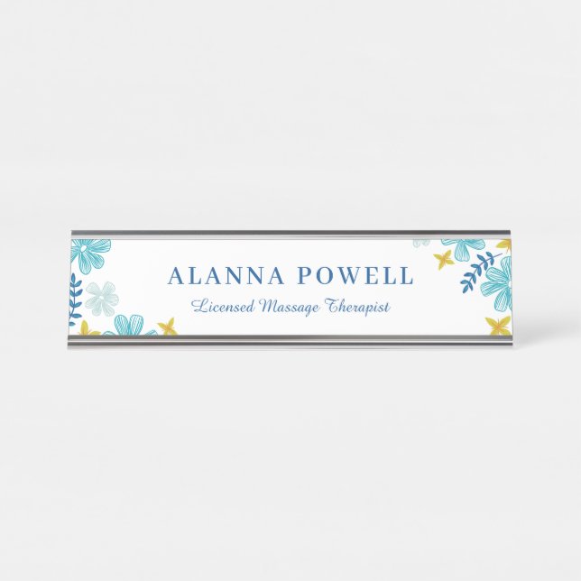 Placa De Nombre Terapia de Masaje de Flores Tropicales Turquesas (Anverso)