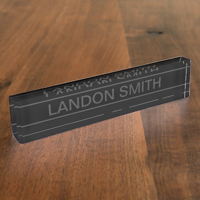 Placa De Nombre Texto de personalizable | Negra y gris oscuro (Lateral)