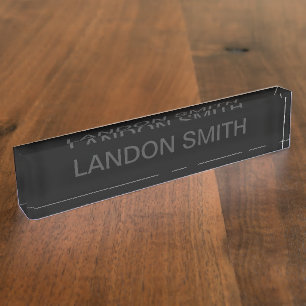 Placa De Nombre Texto editable moderno   Gris oscuro y negro