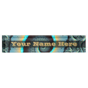 Placa De Nombre Texto en espiral fractal naranja turquesa azul abs