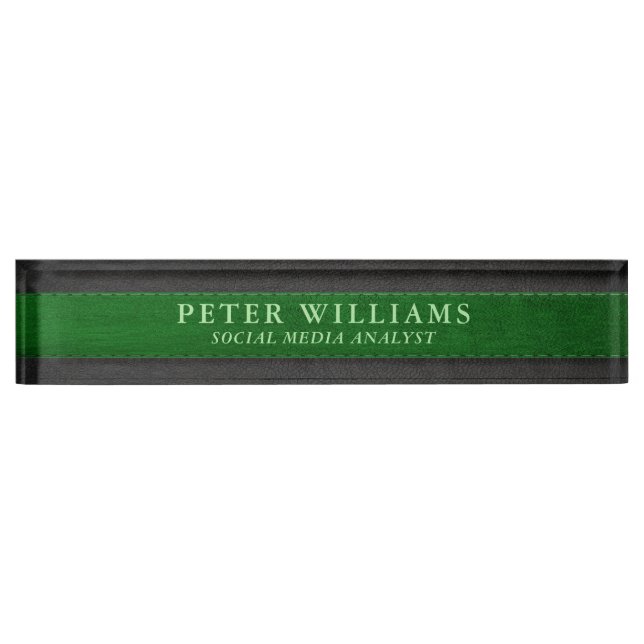 Placa De Nombre Textura de imitación de cuero negro y verde (Anverso)