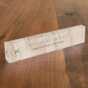 Placa De Nombre Textura de madera rústica monogramada guión elegan