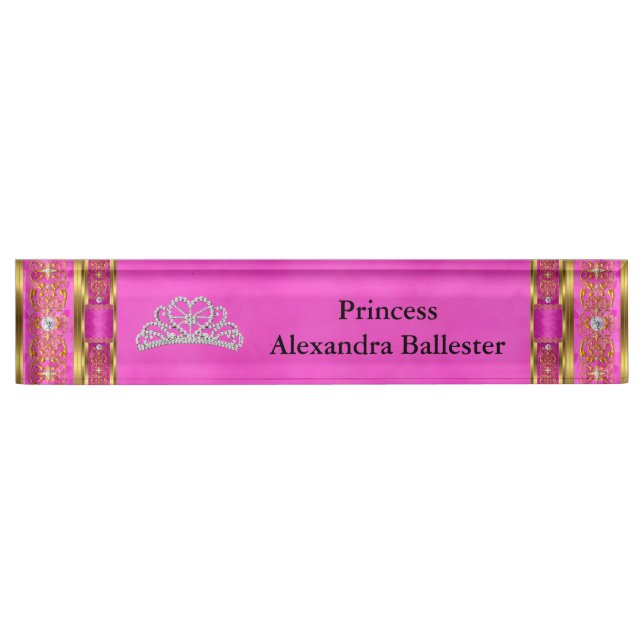 Placa De Nombre Tiara Princess Hot Pink Gold Name (Anverso)