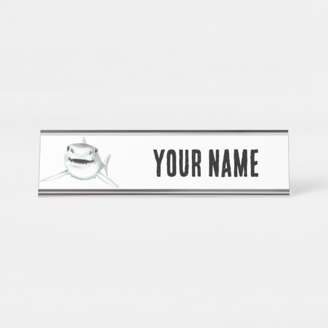 Placa De Nombre tiburón acuarela sonriente verde animal marino (Anverso)
