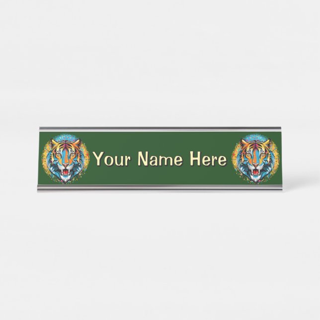 Placa De Nombre Tiger Head Rainbow colors paint stains (Anverso)