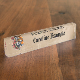 Placa De Nombre Tigre de vapor con Ilustracion de Rosas.