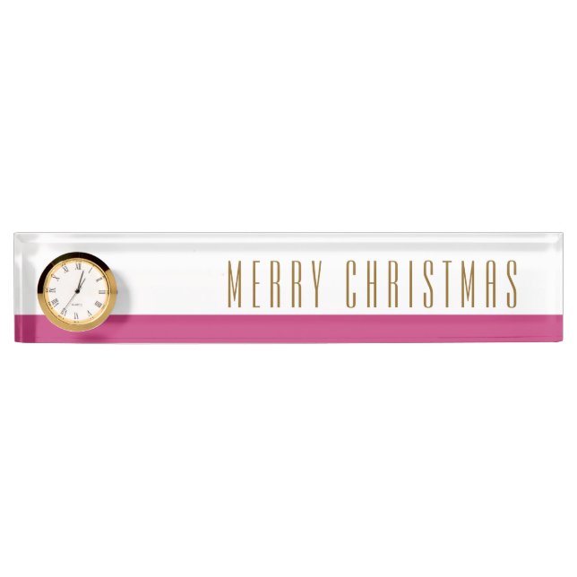 Placa De Nombre Tiras rojas rosadas blancas MERRY CHRISTMAS Reloj  (Anverso)