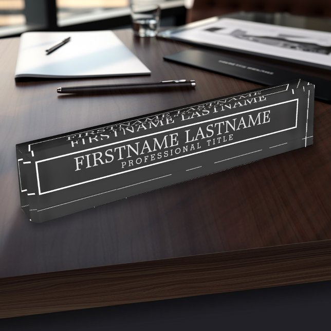 Placa De Nombre Título profesional del borde blanco negro (Personalized Name Plate - Custom Logo Executive Desk Plate with Name and Professional Title)